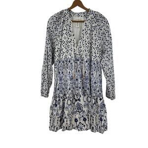 Jessica Simpson Tiered Dress XL Blue White Mixed Print 100% Cotton Boho Casual